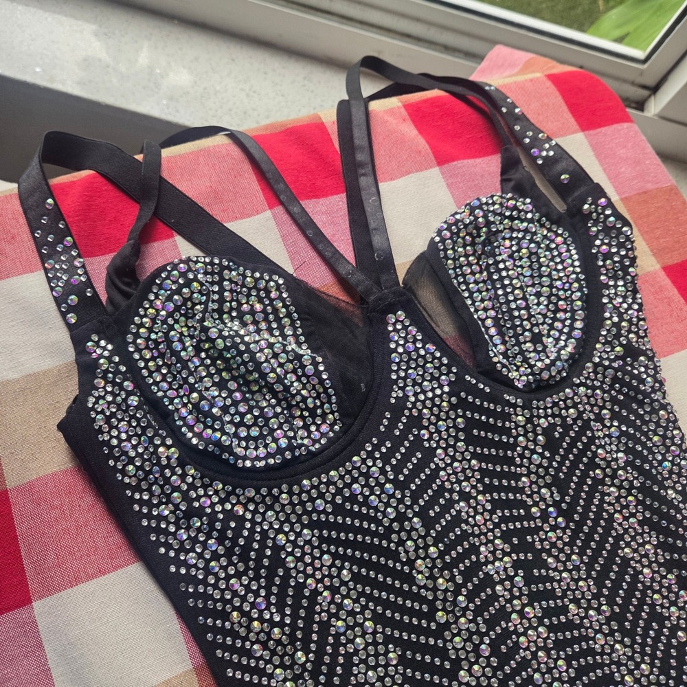 Banjul Black Rhinestone Bustier Bodycon Mini Dress Small Strappy Clubwear Blingy